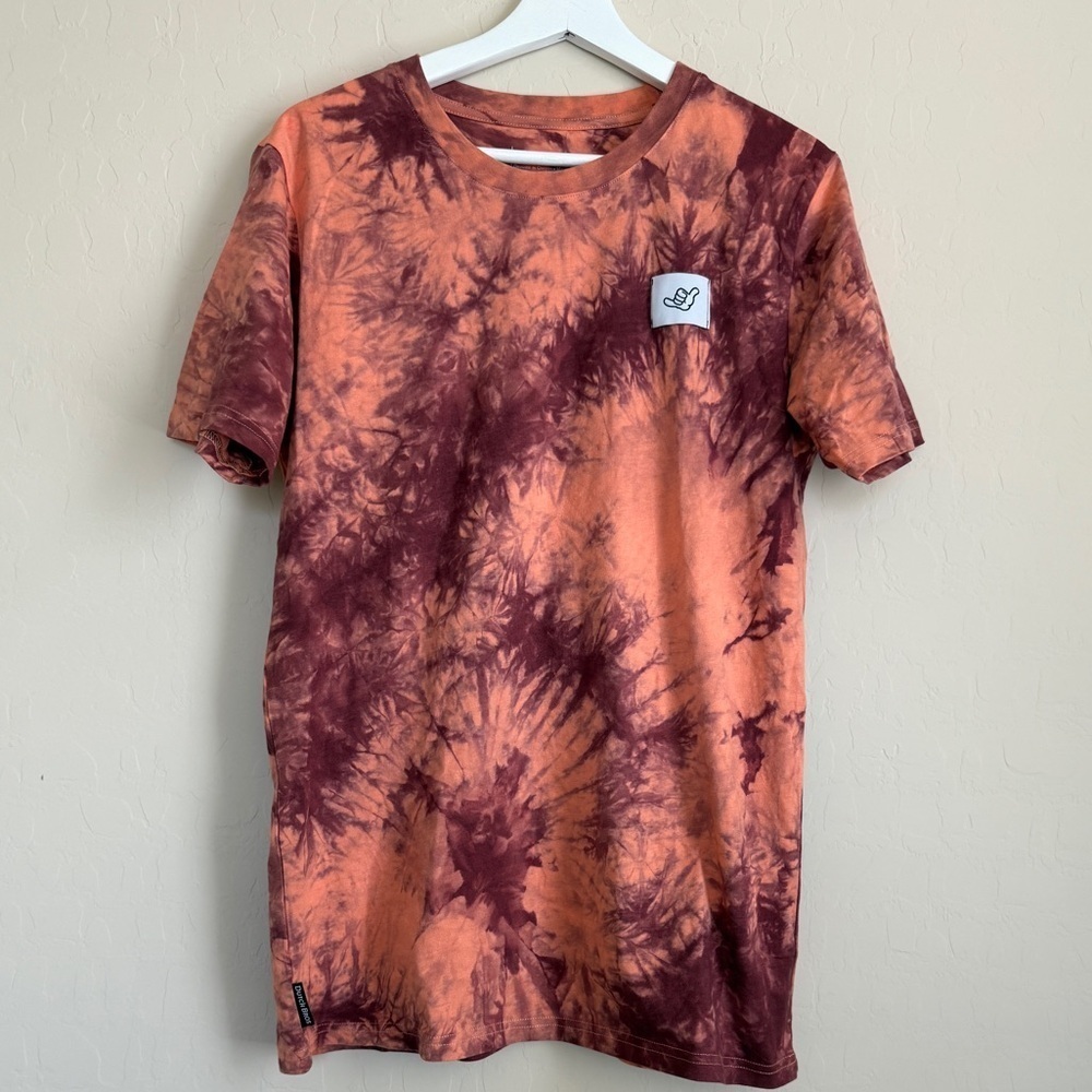 Dutch Bros Men Tie Dye Shirt Orange Brown Short Sleeve Hang Loose Medium